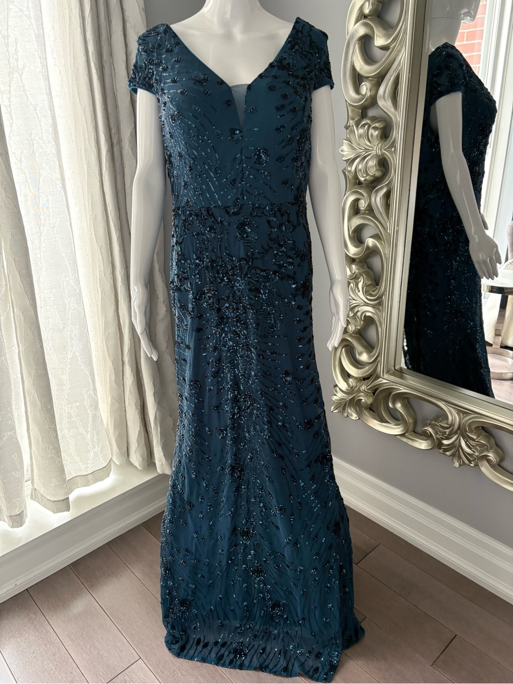 Evening Beaded Cap-Sleeve Dress - Teal Blue
